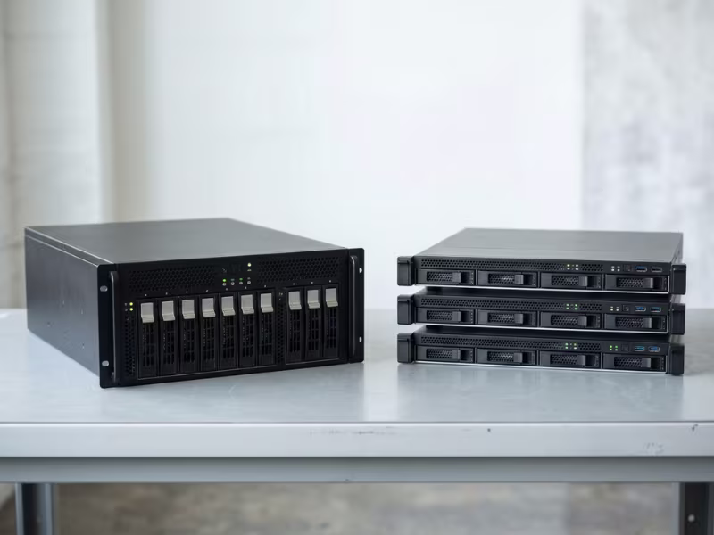 Single 4U server beside a three node 2U server stack